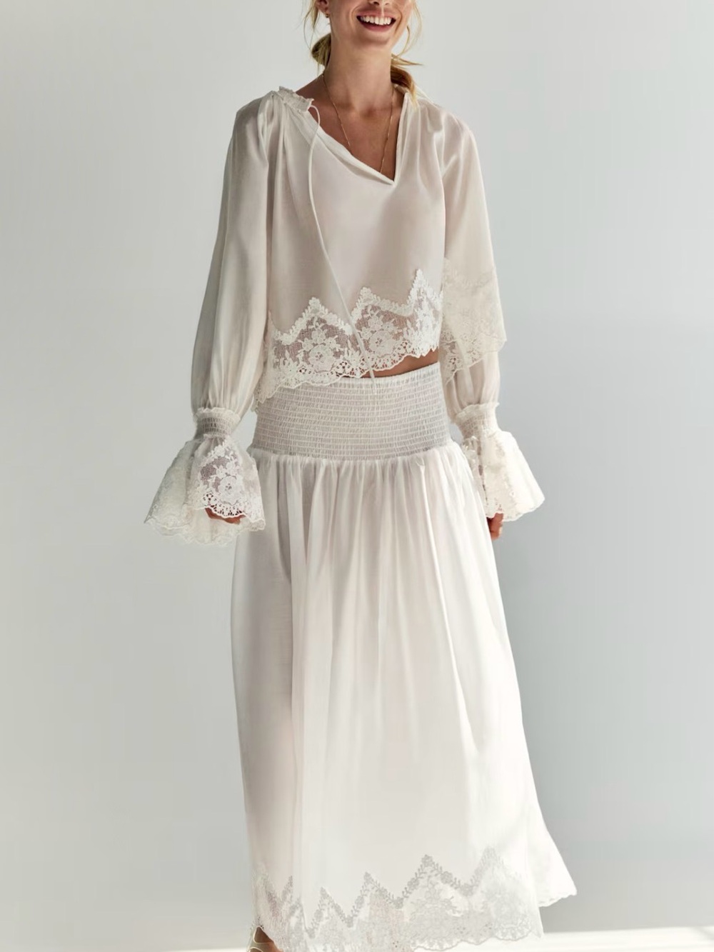 H&M Ivory Lace-Trim Maxi Skirt